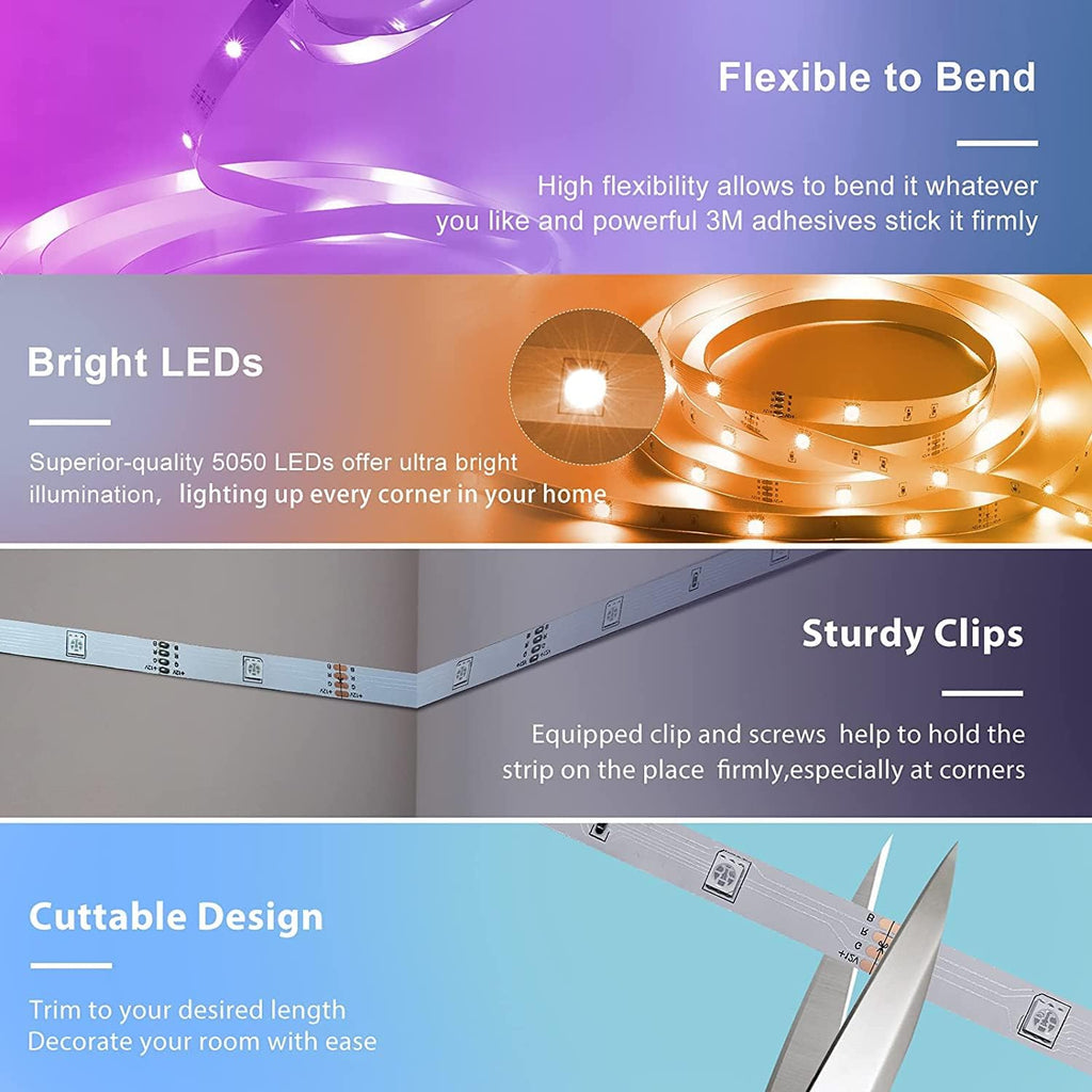 Tenmiro Smart APP Control Music Sync RGB Color Changing Led Strip Lights - 30Ft for Bedroom, Kitchen and Party