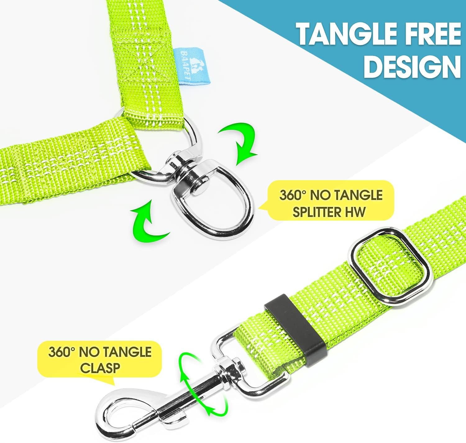 BAAPET Double Dog Leash Splitter, Tangle Free Dual Dog Leash Coupler, Two Dog Walking and Training Extension for Small Medium or Large Dogs (1.0'' X 20~32 Inch, Green)