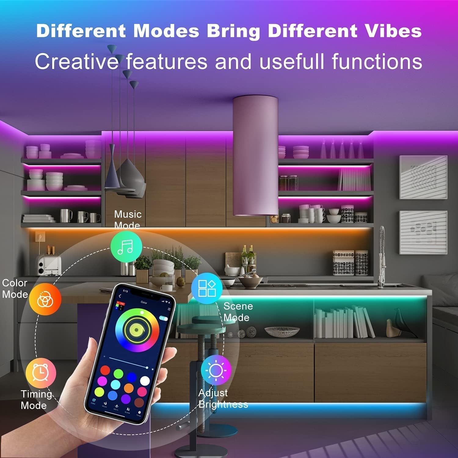 Tenmiro Smart APP Control Music Sync RGB Color Changing Led Strip Lights - 30Ft for Bedroom, Kitchen and Party