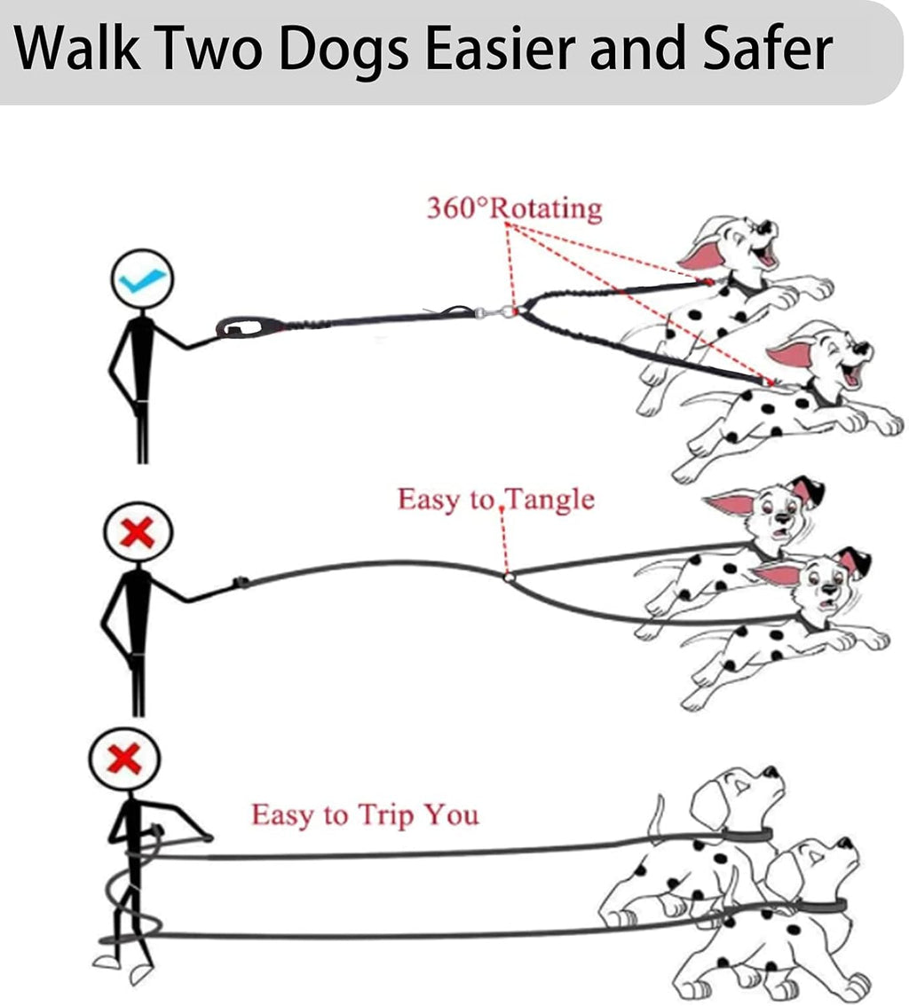 Double Dog Leash - Dual 360 No Tangle Two Dogs Leash for Small to Large Dogs - Adjustable, Tangle Free (Black)