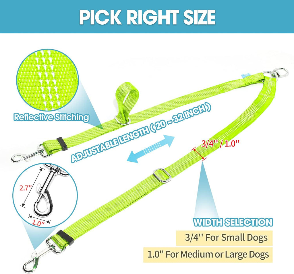 BAAPET Double Dog Leash Splitter, Tangle Free Dual Dog Leash Coupler, Two Dog Walking and Training Extension for Small Medium or Large Dogs (1.0'' X 20~32 Inch, Green)